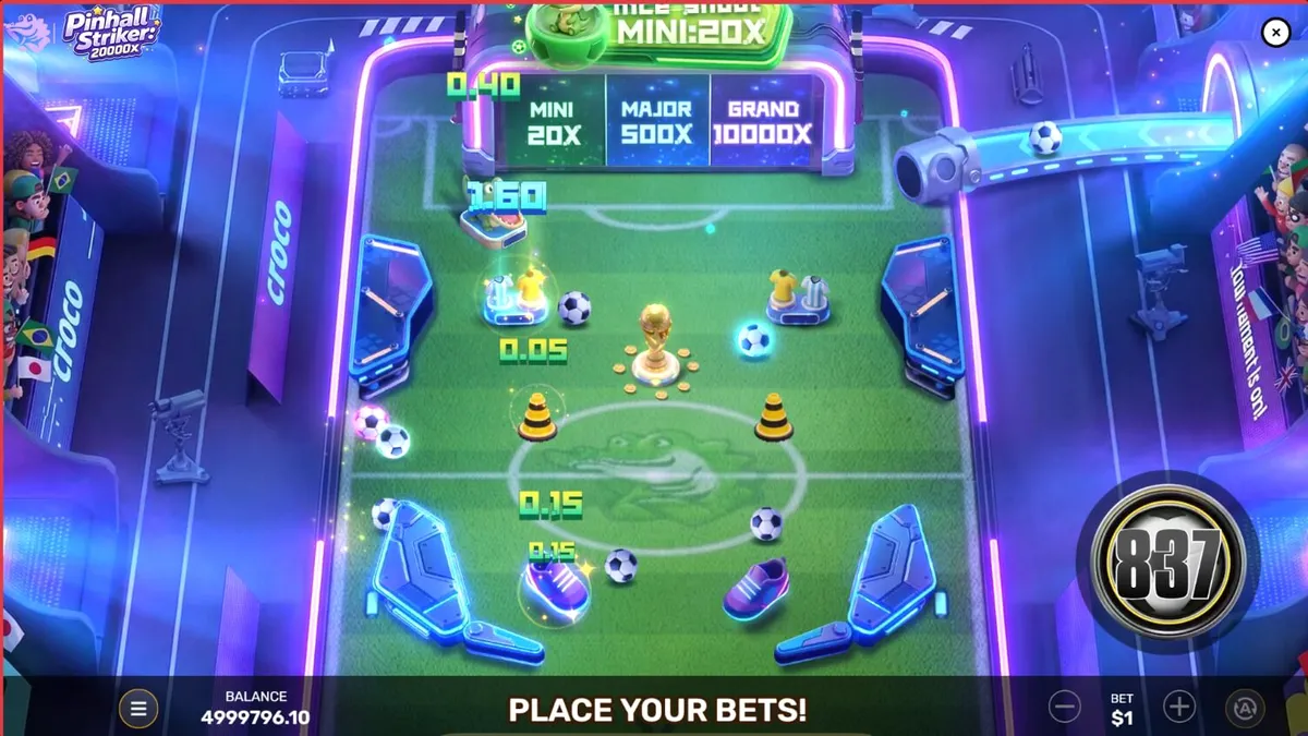 Pinball Striker 20,000x slot dengan tema sepak bola dan pinball neon