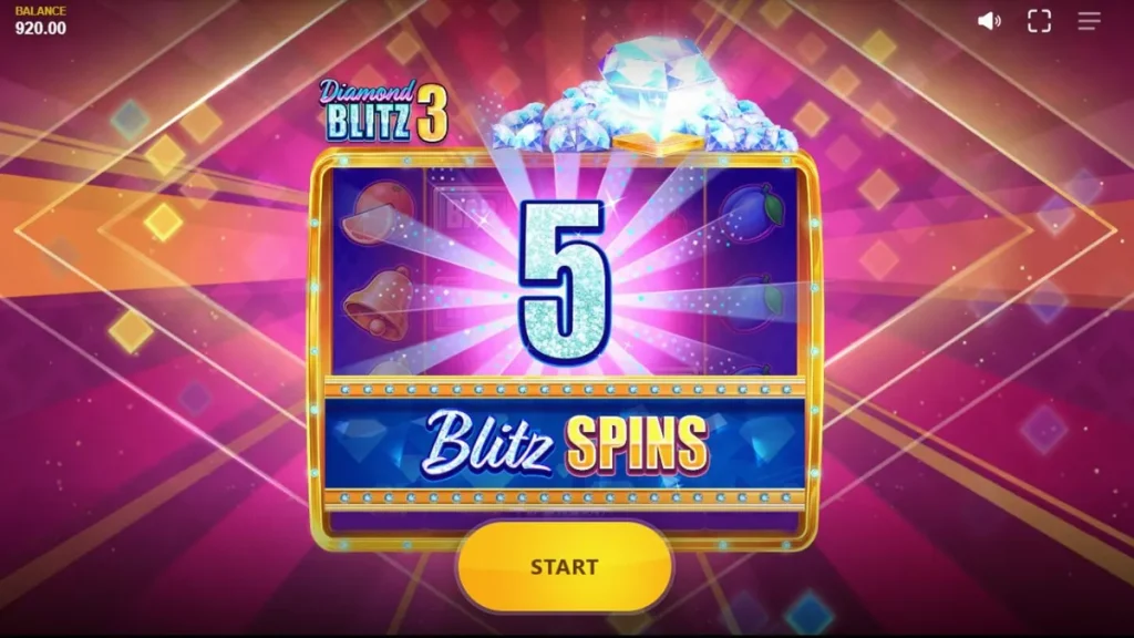 Tampilan visual slot Diamond Blitz 3 dengan tema permata dan buah klasik.